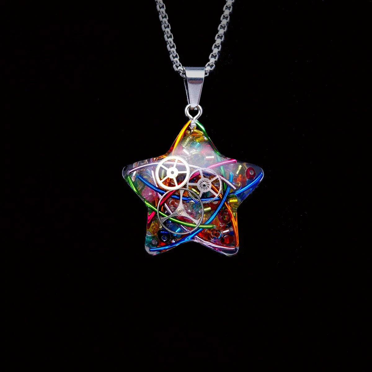 Elegant titanium steel star and moon pendant necklace with a mesmerizing cosmic-inspired design