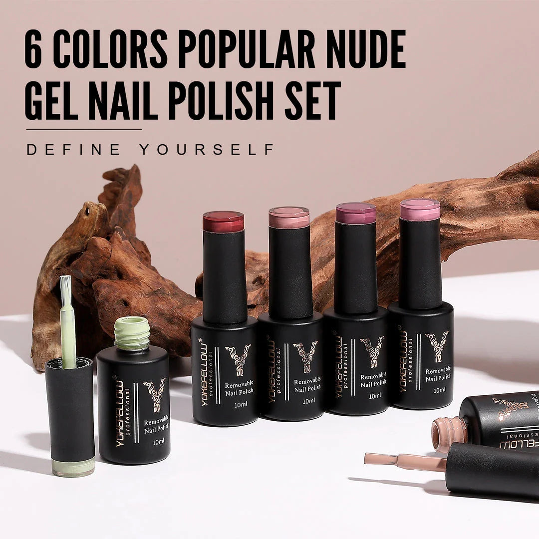 A set of six nude-coloured gel nail polishes in an autumn-inspired collection for long-lasting, salon-quality manicures