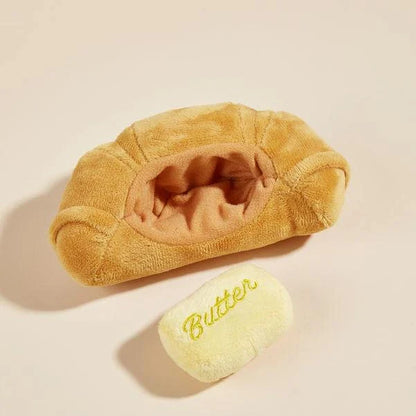 Cute food-themed squeaky dog toy made of soft fleece material, designed to clean teeth and provide interactive play for puppies and small dogs