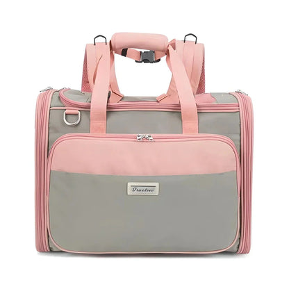Premium water-resistant pet carrier bag made of eco-friendly 420D polyester with breathable mesh panels and ergonomic design for comfortable pet travel.