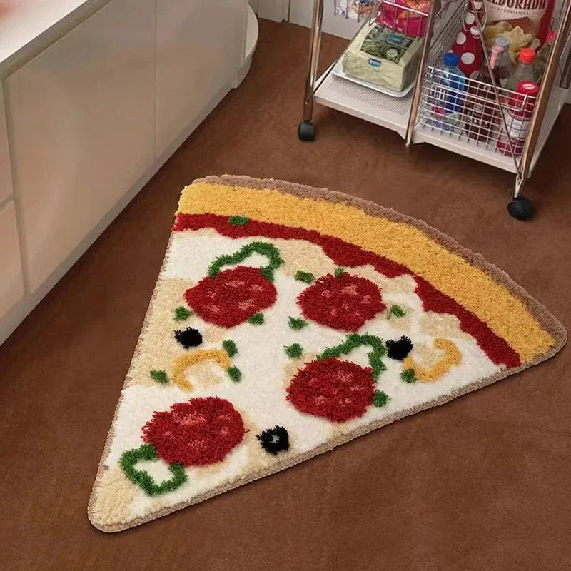 Cosy Tufted Pizza Bathmat with a playful pizza-slice design, offering a plush and comfortable feel underfoot with anti-slip backing.