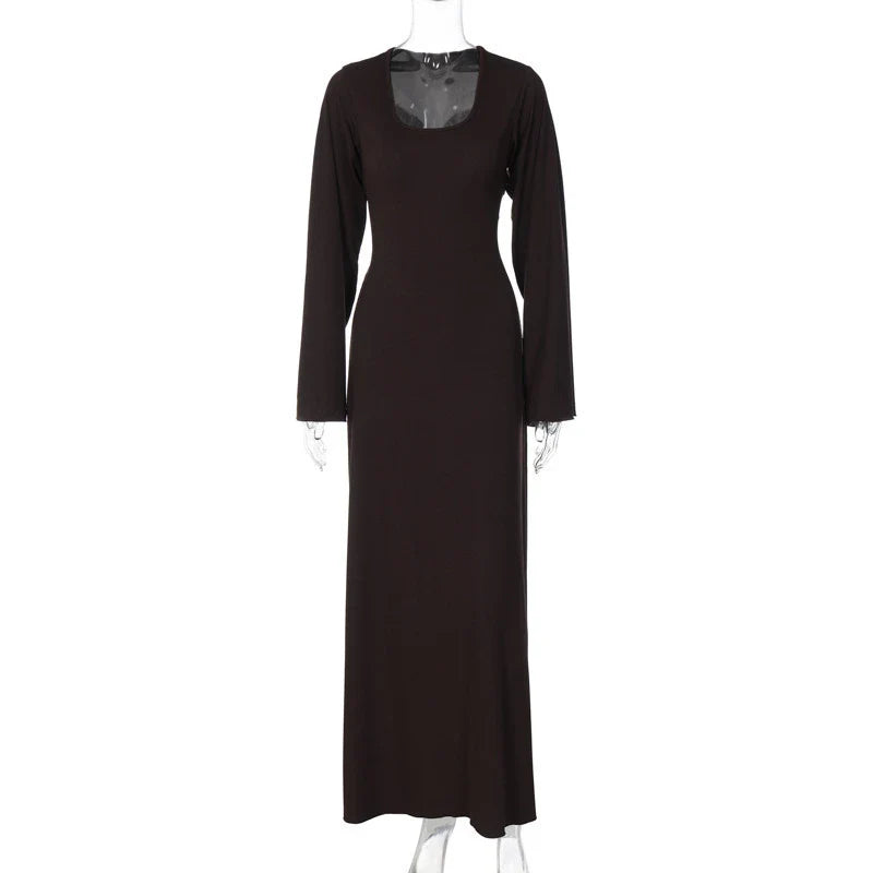 Elegant U-neck dress with lace-up back and flowing bell sleeves in a variety of sophisticated colours
