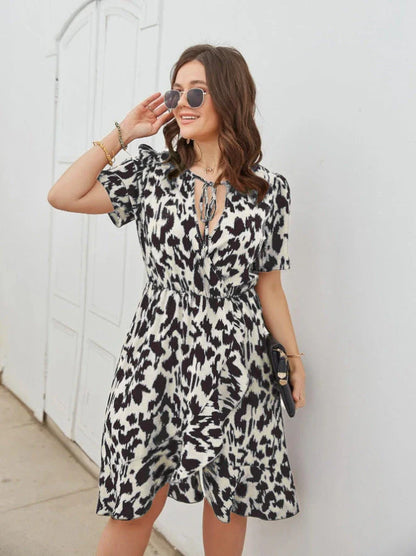 Elegant V-Neck Short Sleeve Printed Dress in Rose Red, Brown, and Black colours