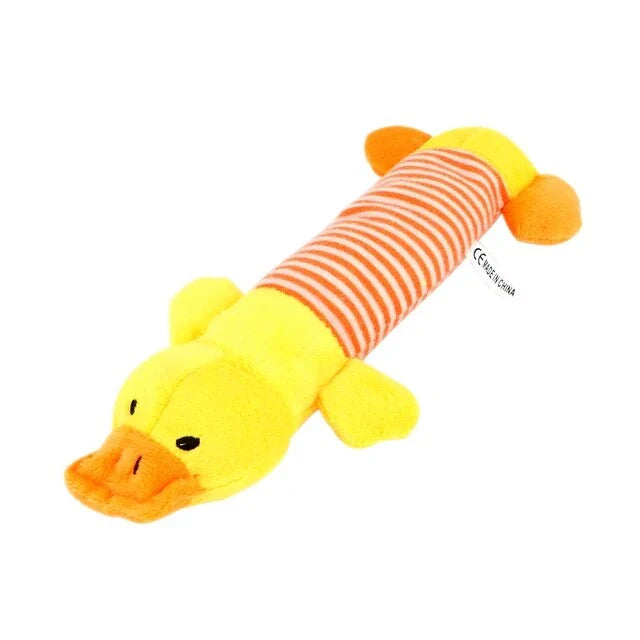 A vibrant, squeaky plush dog toy with textured stripes for dental cleaning during play