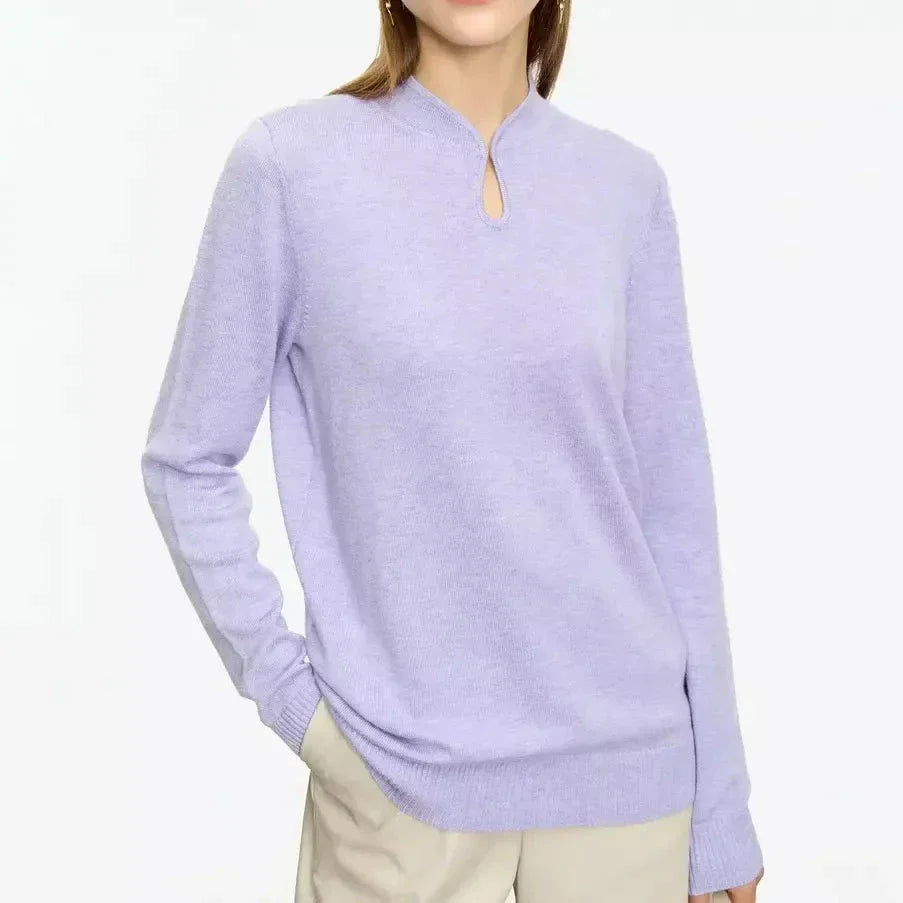Chic minimalist u-collar long sleeve pullover in green and purple colours, featuring elegant design and cozy materials