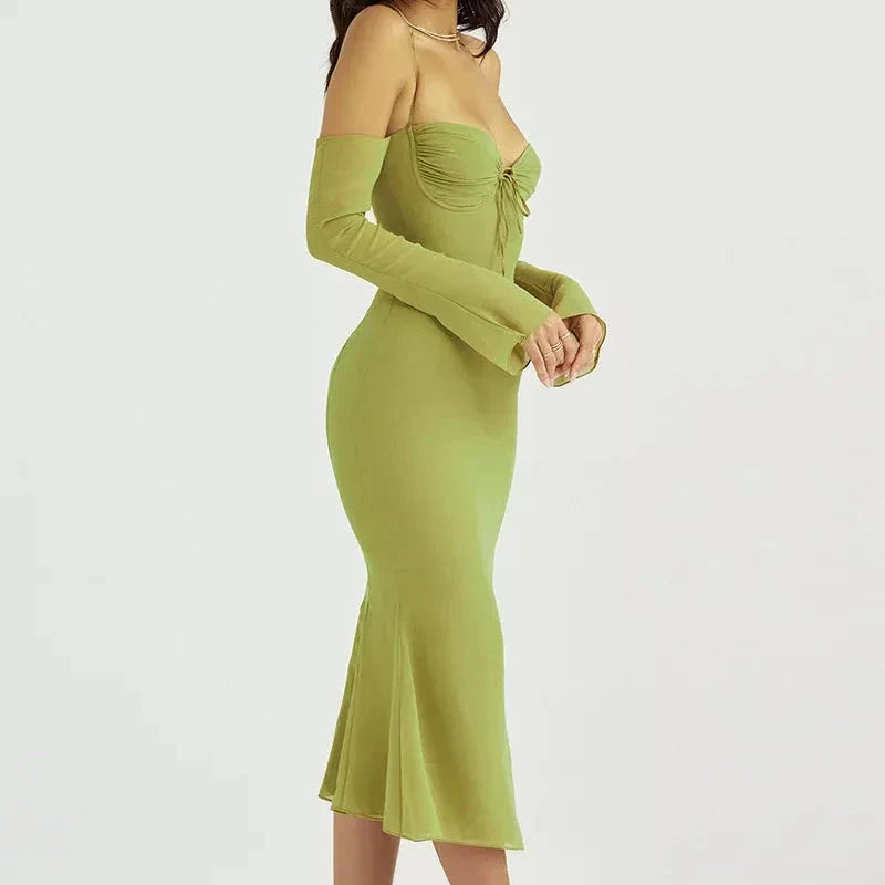 Elegant off-shoulder midi dress with lace-up back and mesh details, perfect for summer parties and events.