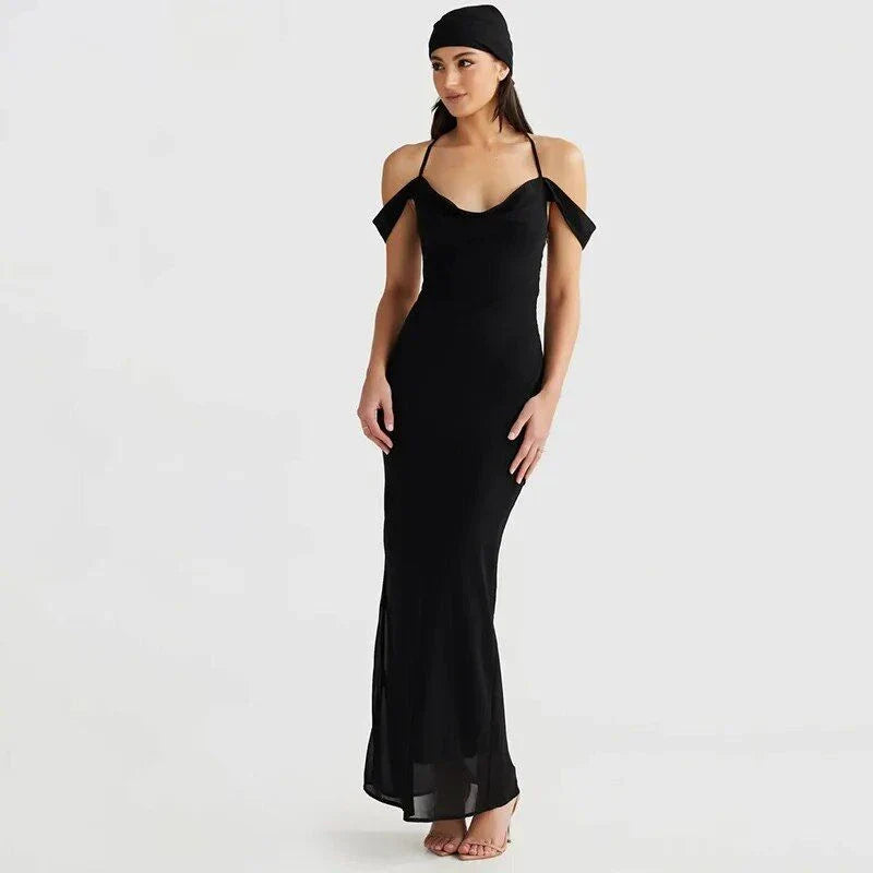 Elegant off-shoulder maxi dress in orange colour, featuring a halter backless design and pile collar neckline for a sophisticated look.