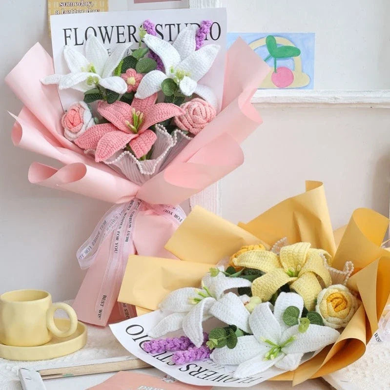 Handcrafted bridal bouquet in a delicate pink hue, featuring intricate crochet and hand-woven design