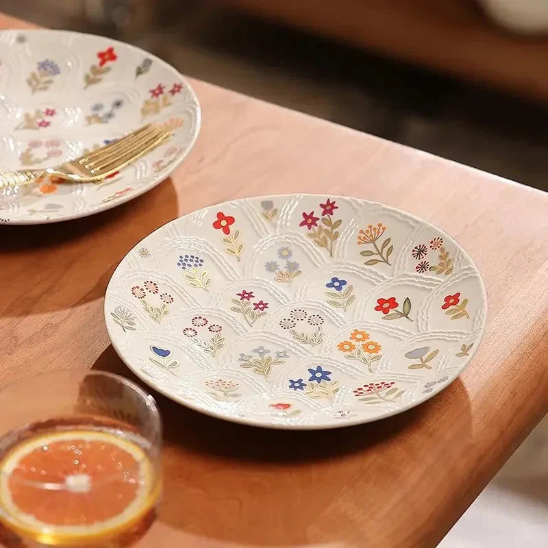 Elegant floral ceramic plate with intricate underglaze pattern, perfect for serving breakfast, lunch, dinner or desserts