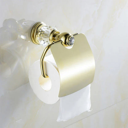 Elegant gold brass toilet roll holder with crystal decorations for a luxurious bathroom accessory