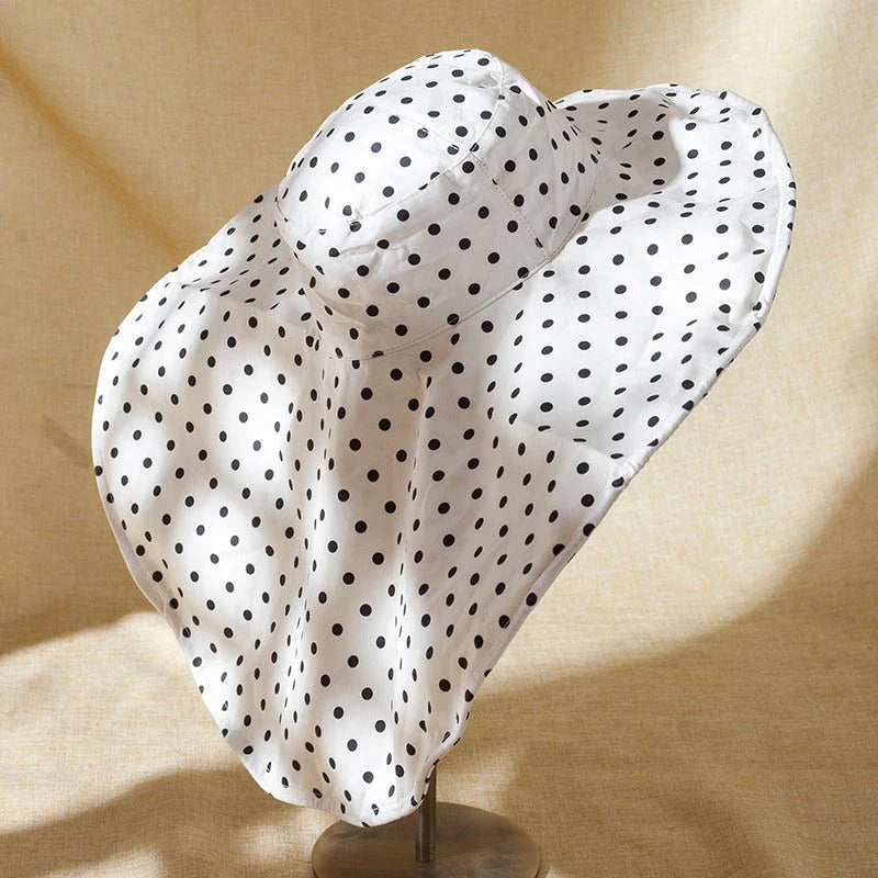 Elegant oversized polka dot sun hat for stylish UK women, offering excellent sun protection and a classic, fashionable design.