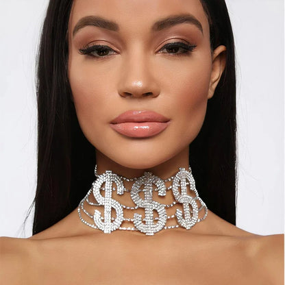 Dazzling Dollar Sign Choker: A Glamorous Accessory with Rhinestones and Gleaming Brass