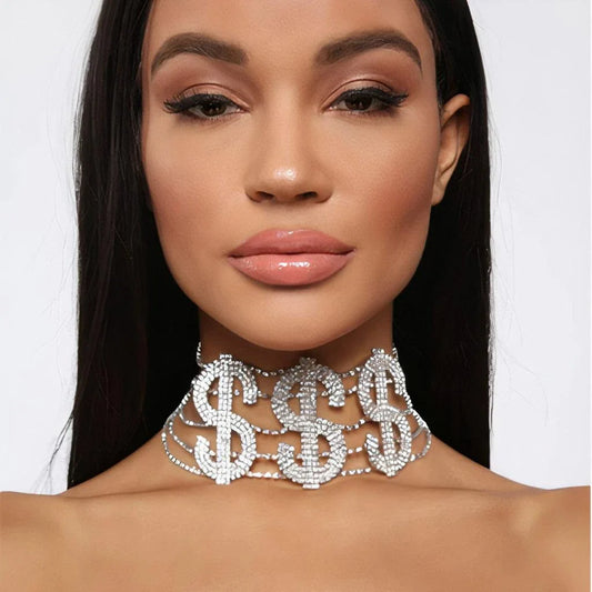 Dazzling Dollar Sign Choker: A Glamorous Accessory with Rhinestones and Gleaming Brass