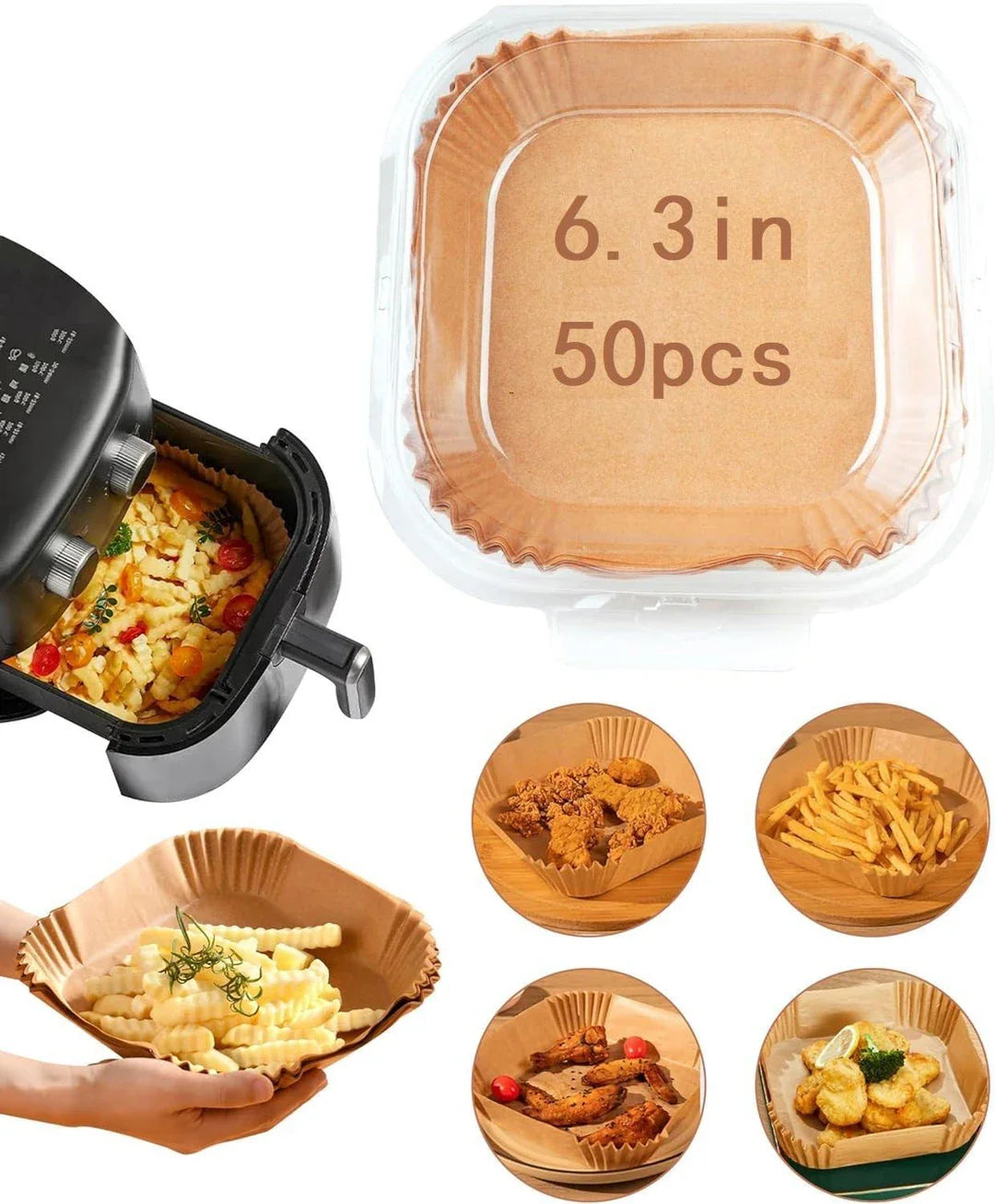 50 disposable air fryer liners made from non-toxic wood paper for easy clean-up and non-stick cooking