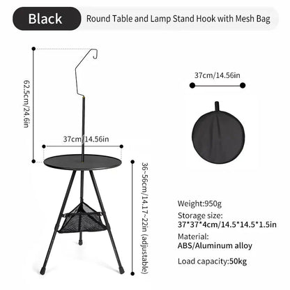 Adjustable ultralight portable camping round table with optional light stand, made from premium ABS and aluminium for durability and convenience