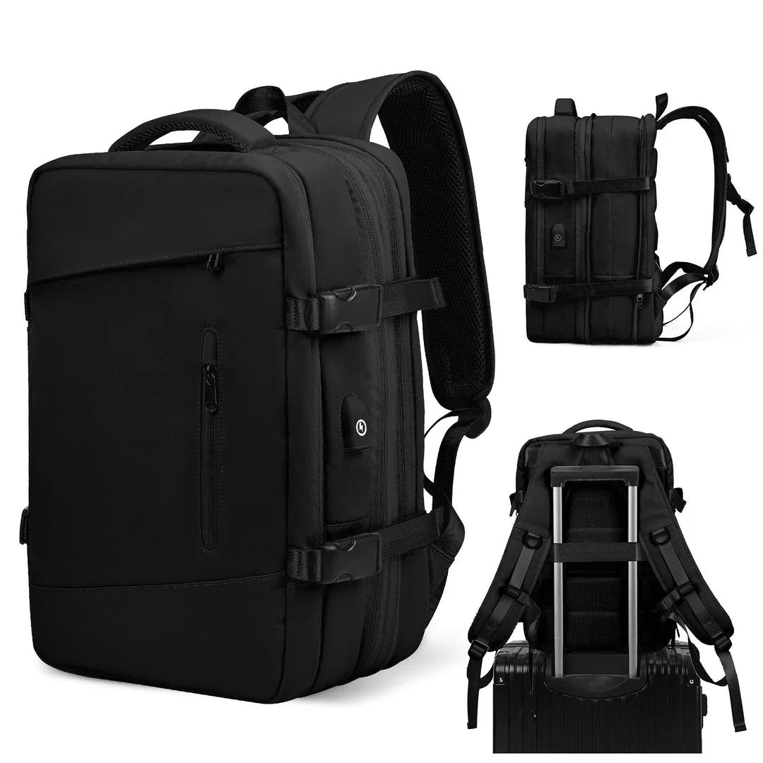Expandable travel laptop backpack with multiple compartments and water-resistant nylon construction