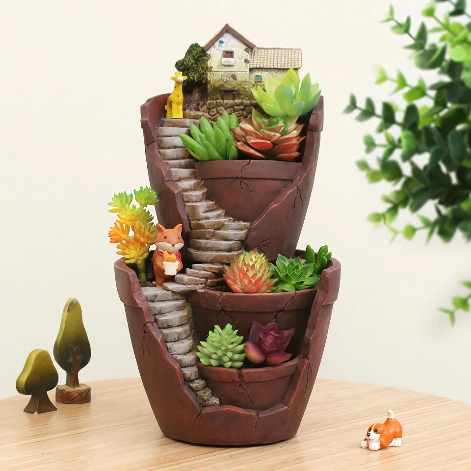 Charming farmhouse-style resin succulent planter with hand-carved pastoral design, adding rustic elegance to home or office decor