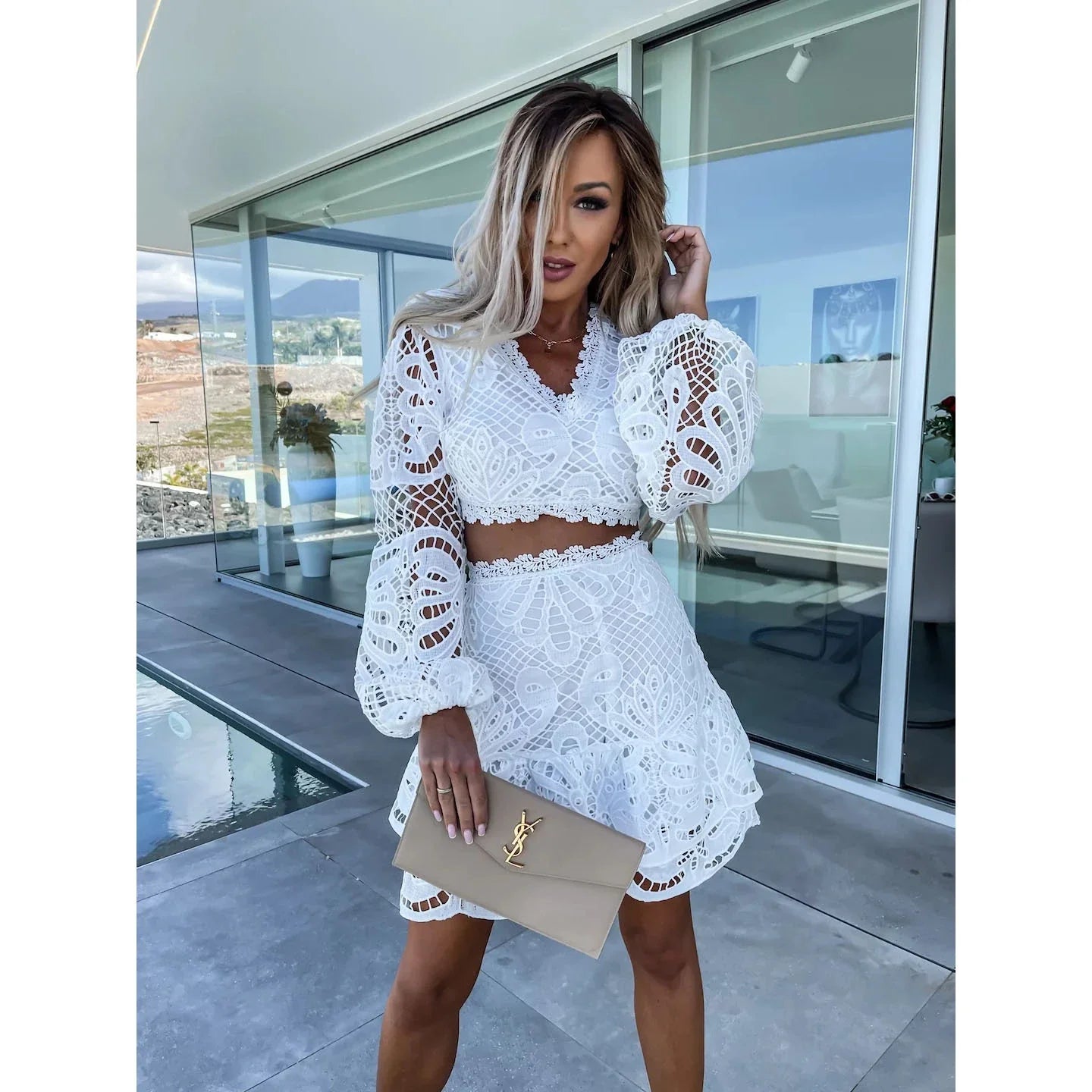 Elegant long sleeve lace suit with lantern sleeves, available in white and black colours