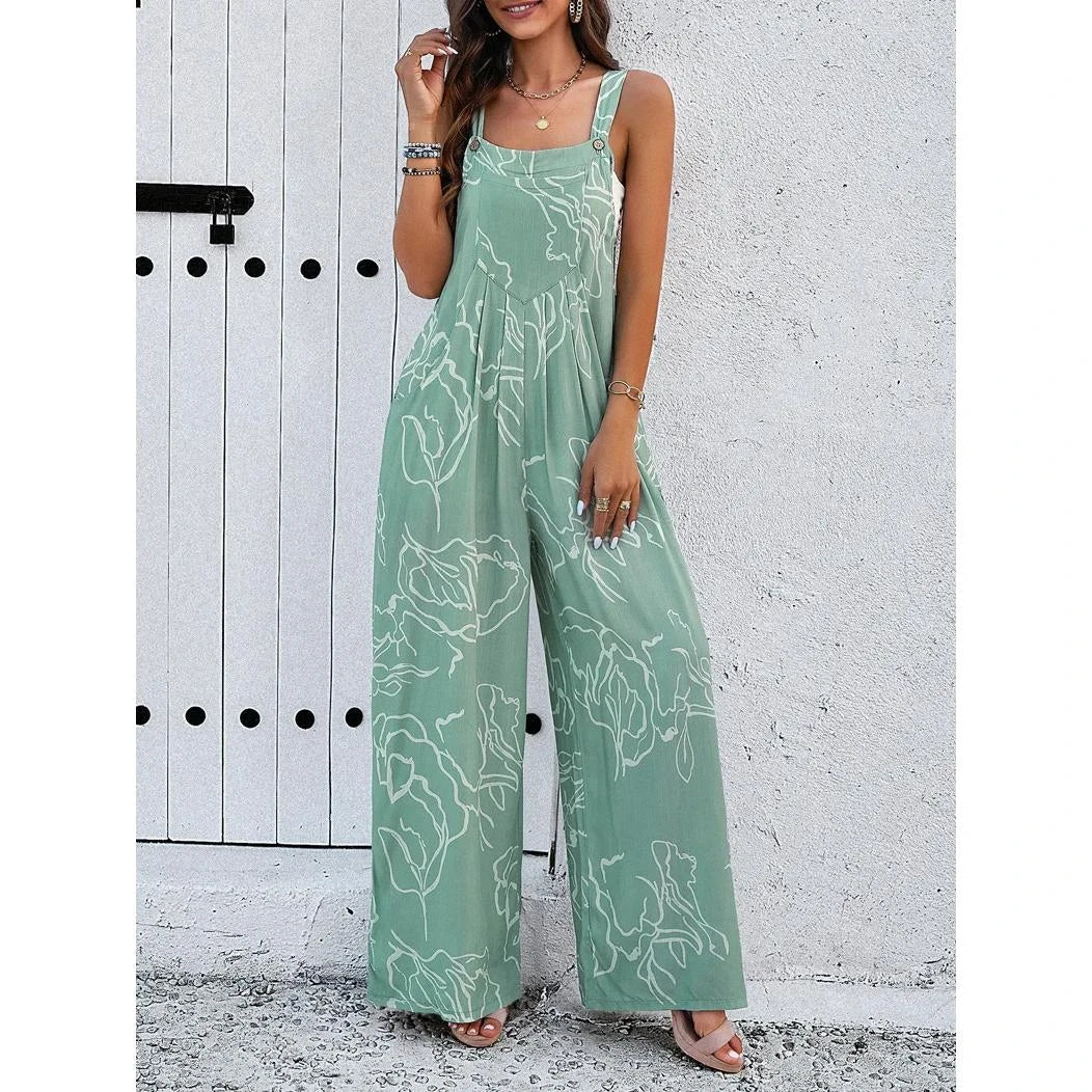Elegant wide-leg jumpsuit with geometric print and suspenders, perfect for the fashion-conscious British woman