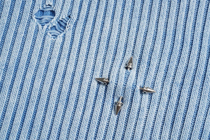 Classic ripped round neck jumper in a monochrome colour scheme, featuring a unique sunken stripe detail and a relaxed, comfortable fit.