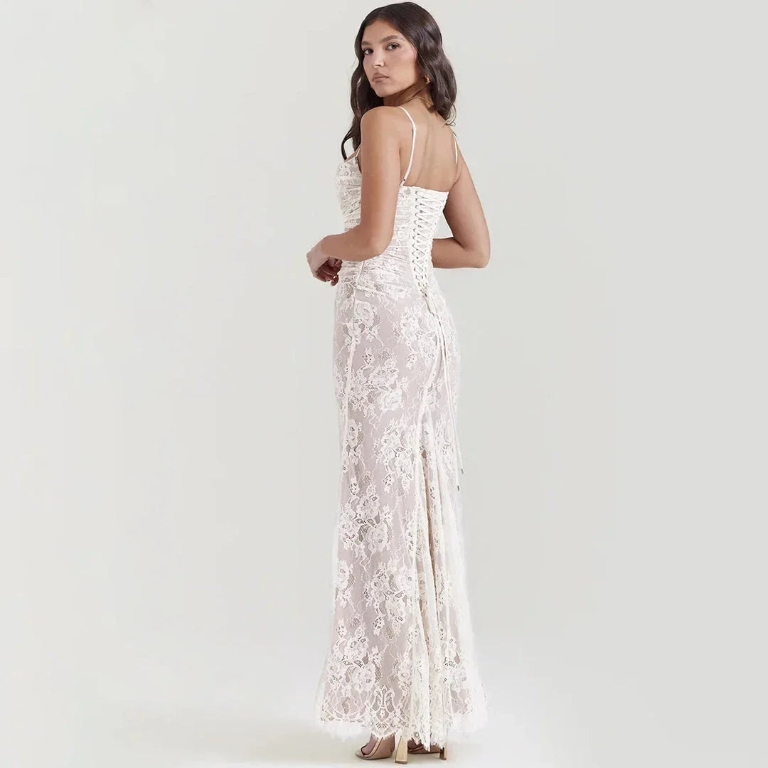 Elegant 2-Piece Lace Dress Set in Ivory, featuring a strap party dress and full sleeves outfit for formal occasions in the UK