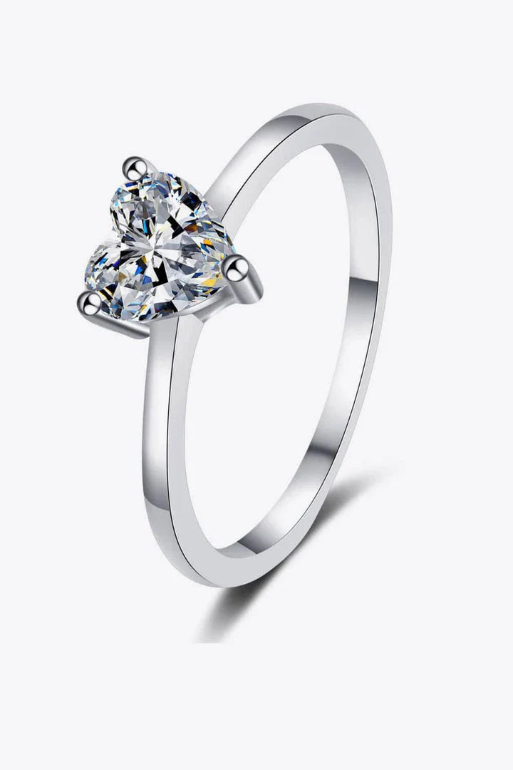 Elegant 925 sterling silver heart-shaped moissanite solitaire engagement ring with rhodium-plated finish