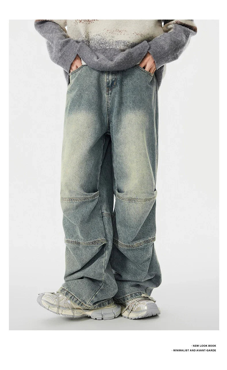 Men's overalls in retro blue denim with zipper fly and comfortable mid-waist design
