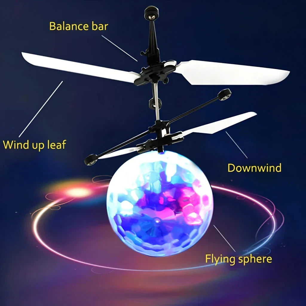 LED Magic Hover Ball in Neon colour, levitating and gliding through the air with vibrant LED lights