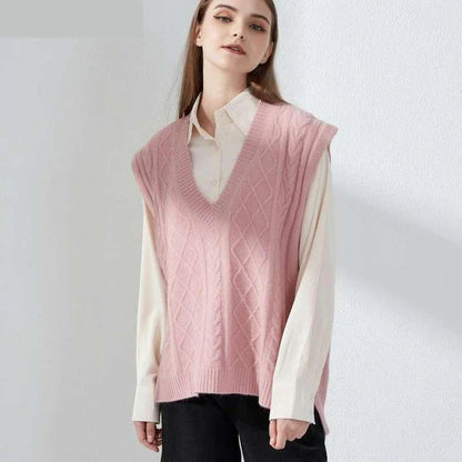 Cosy oversized knitted vest in various colours, featuring a sleeveless V-neck design for versatile layering