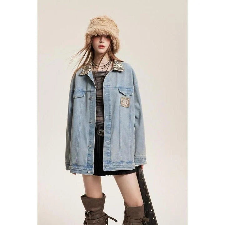Stylish leopard-print denim jacket with a patchwork design, perfect for versatile fashion.