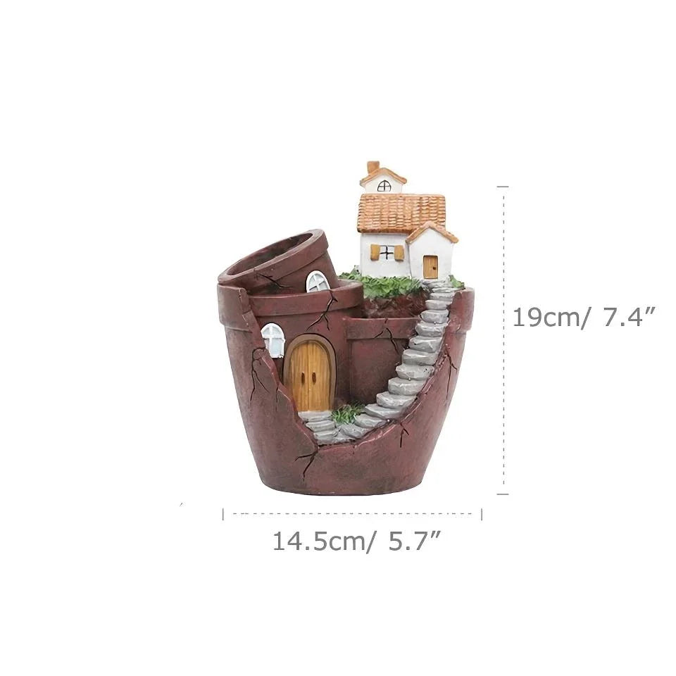 Charming farmhouse-style resin succulent planter with hand-carved pastoral design, adding rustic elegance to home or office decor