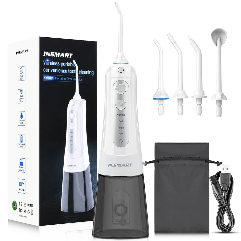 Cordless Waterproof Dental Water Flosser with 300ml Detachable Tank, 1800 Water Pulses per Minute, and 4 Customisable Cleaning Modes