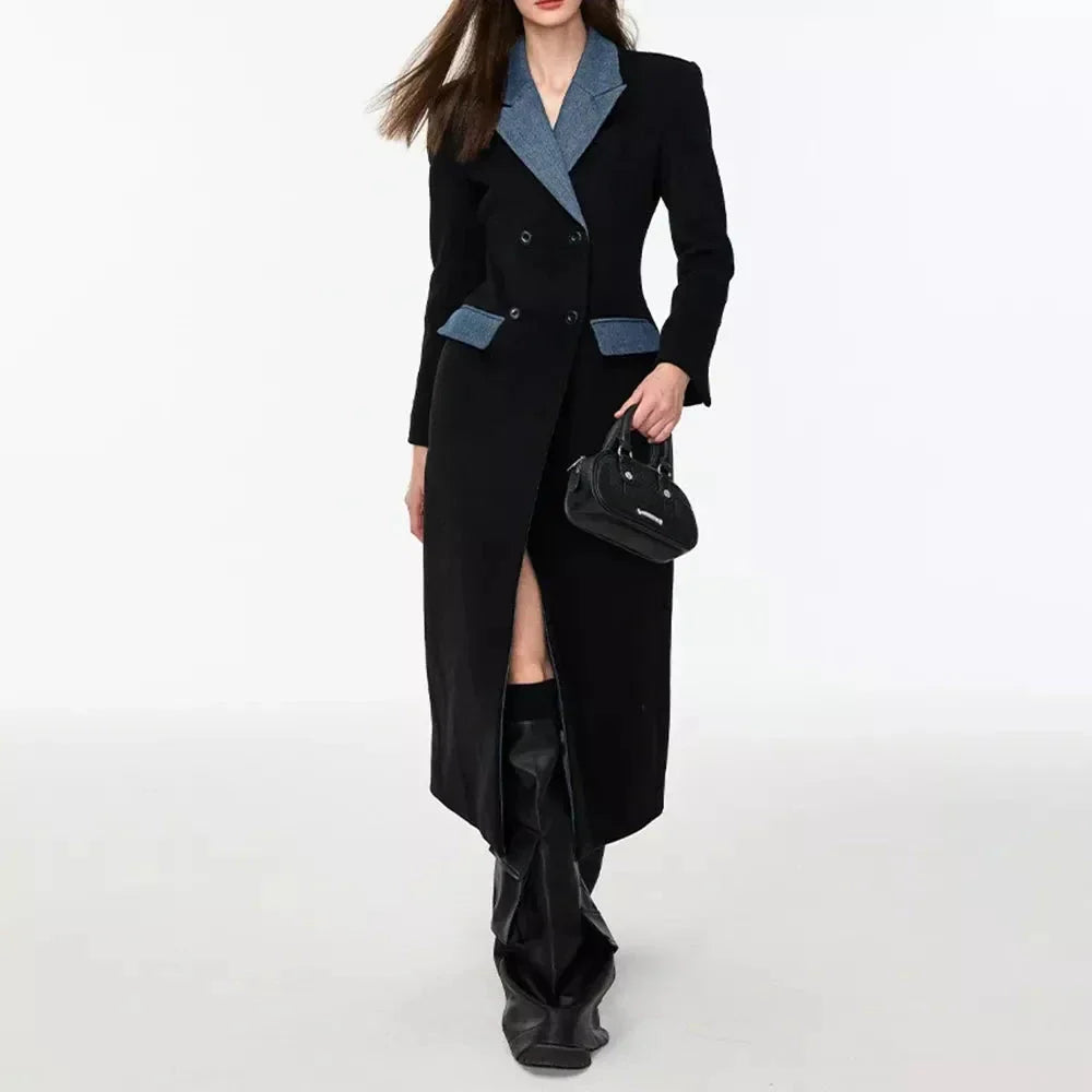 Elegant patchwork trench coat in black with contrast design, ideal for British autumn and winter