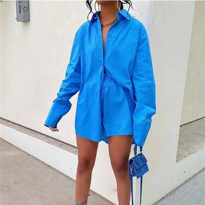 Chic high-waist cotton linen shirt and shorts set in pink, featuring a turn-down collar, long sleeves, and a relaxed, flattering fit for the modern British woman.