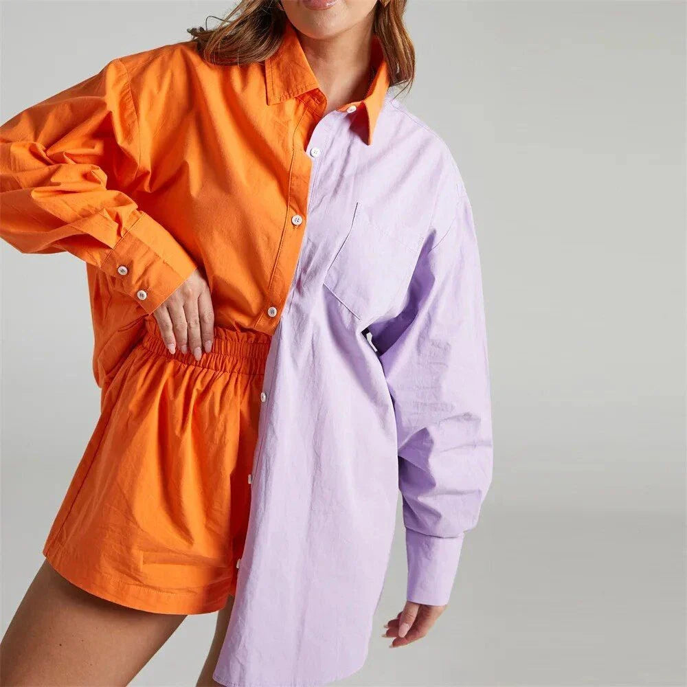 Chic high-waist cotton linen shirt and shorts set in pink, featuring a turn-down collar, long sleeves, and a relaxed, flattering fit for the modern British woman.