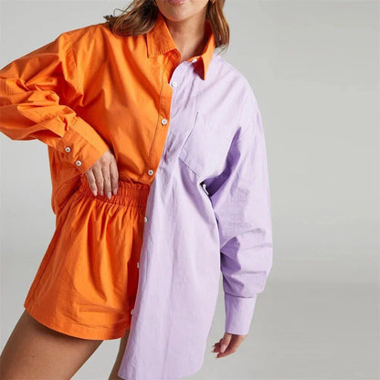 Chic high-waist cotton linen shirt and shorts set in pink, featuring a turn-down collar, long sleeves, and a relaxed, flattering fit for the modern British woman.