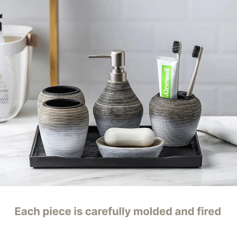 Elegant retro ceramic bathroom accessories set with toothbrush holder, soap dispenser, and mouthwash cup