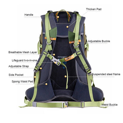 Durable outdoor climbing backpack with integrated raincover, featuring waterproof nylon construction, adjustable straps, and multiple storage compartments.