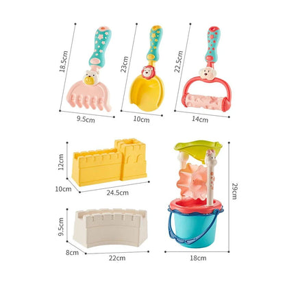 Colourful and vibrant baby beach toy set with shovels, sand moulds, and a convenient carry bag