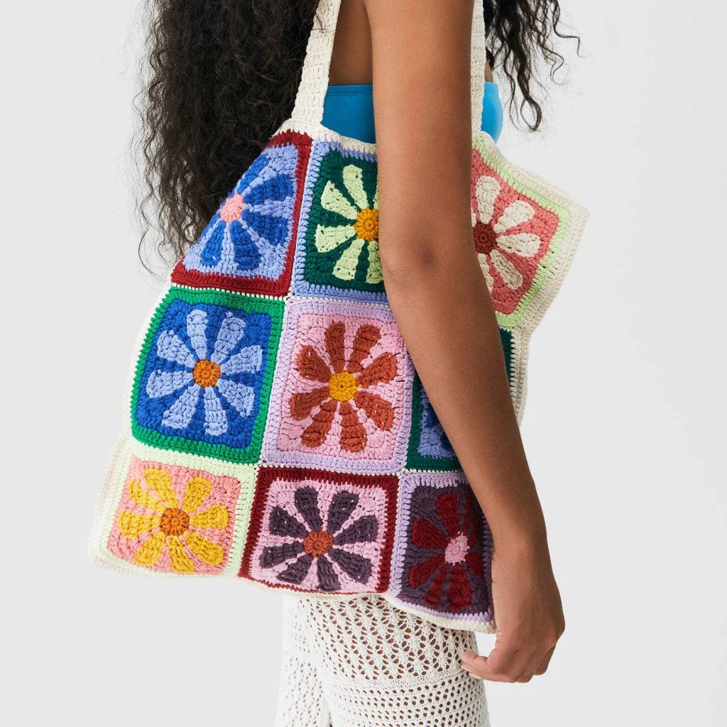 Elegant floral crochet shoulder bag in neutral and colourful designs, perfect for summer style and adventures