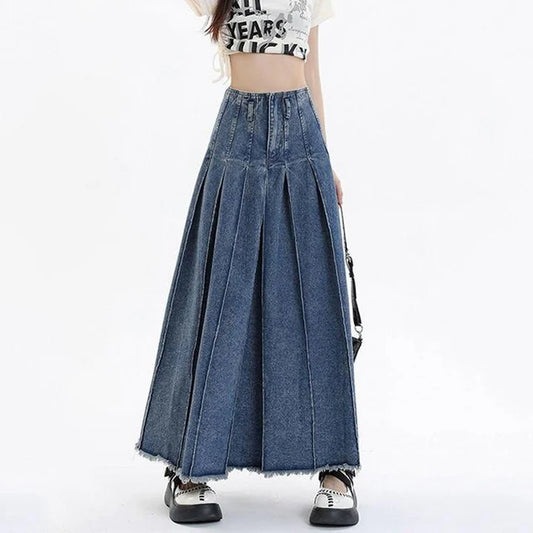 Chic high-waist vintage blue denim A-line skirt with stylish zipper decoration and mid-calf length