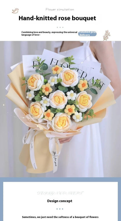 Beautifully crafted knitted bouquet with vibrant sunflowers, featuring a warm LED lighting system for a captivating display