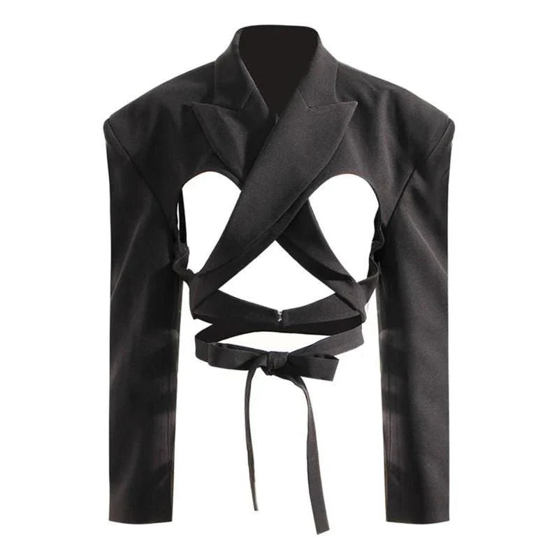 Elegant and chic women's blazer with a unique backless design and bandage waist, perfect for making a fashionable statement