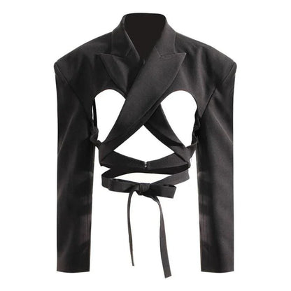Elegant and chic women's blazer with a unique backless design and bandage waist, perfect for making a fashionable statement