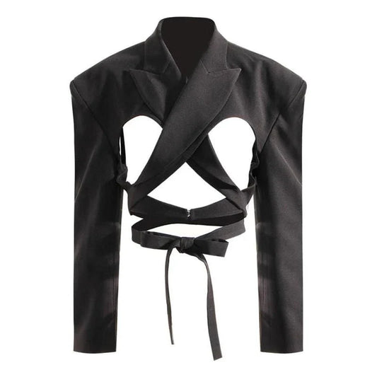 Elegant and chic women's blazer with a unique backless design and bandage waist, perfect for making a fashionable statement