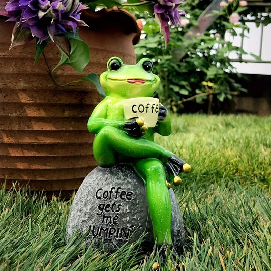 Charming resin frog statue with a playful design, perfect for enhancing the ambience of outdoor spaces