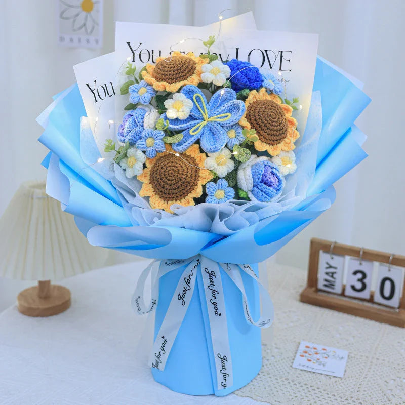 Beautifully crafted knitted bouquet with vibrant sunflowers, featuring a warm LED lighting system for a captivating display