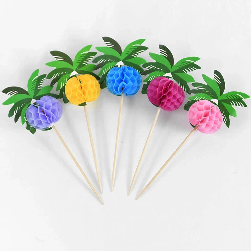 Hawaiian Luau Cocktail Picks with tropical coconut palm tree designs for vibrant party decor