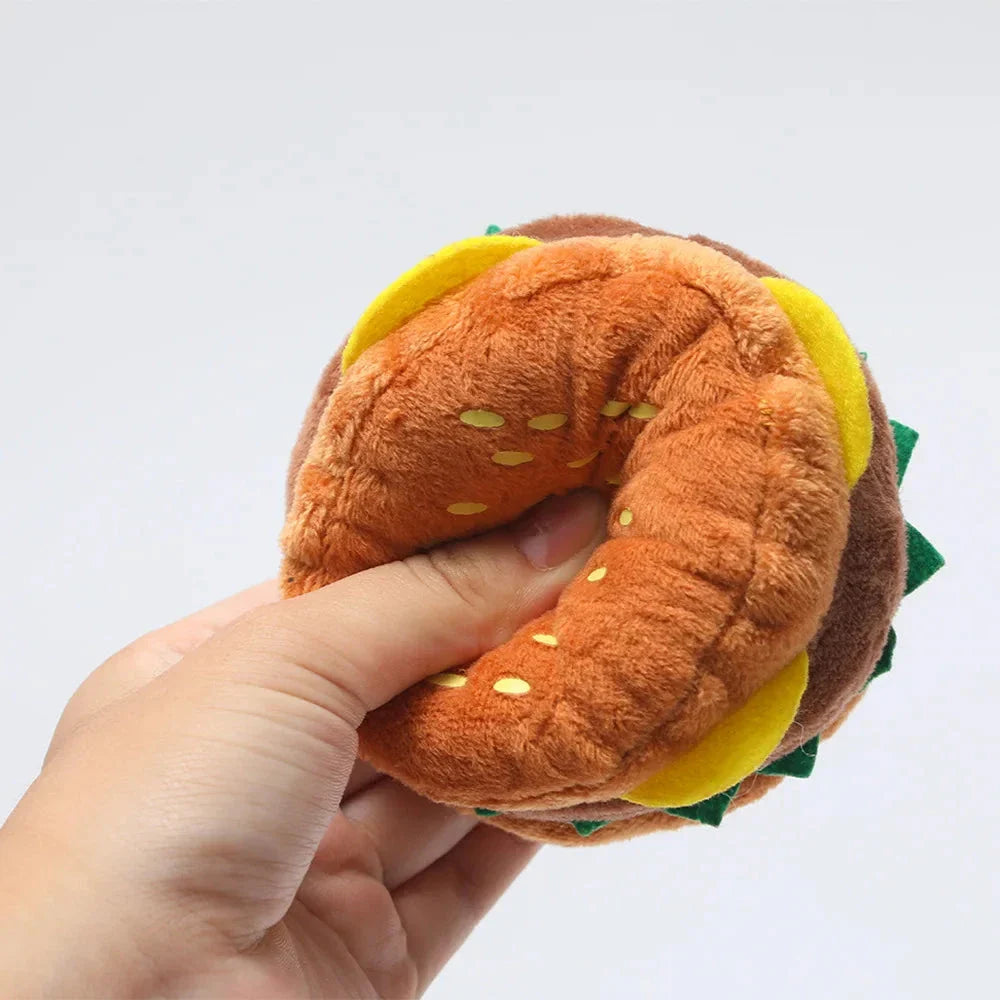 Soft, durable plush squeaky toy in adorable burger design for dogs and cats