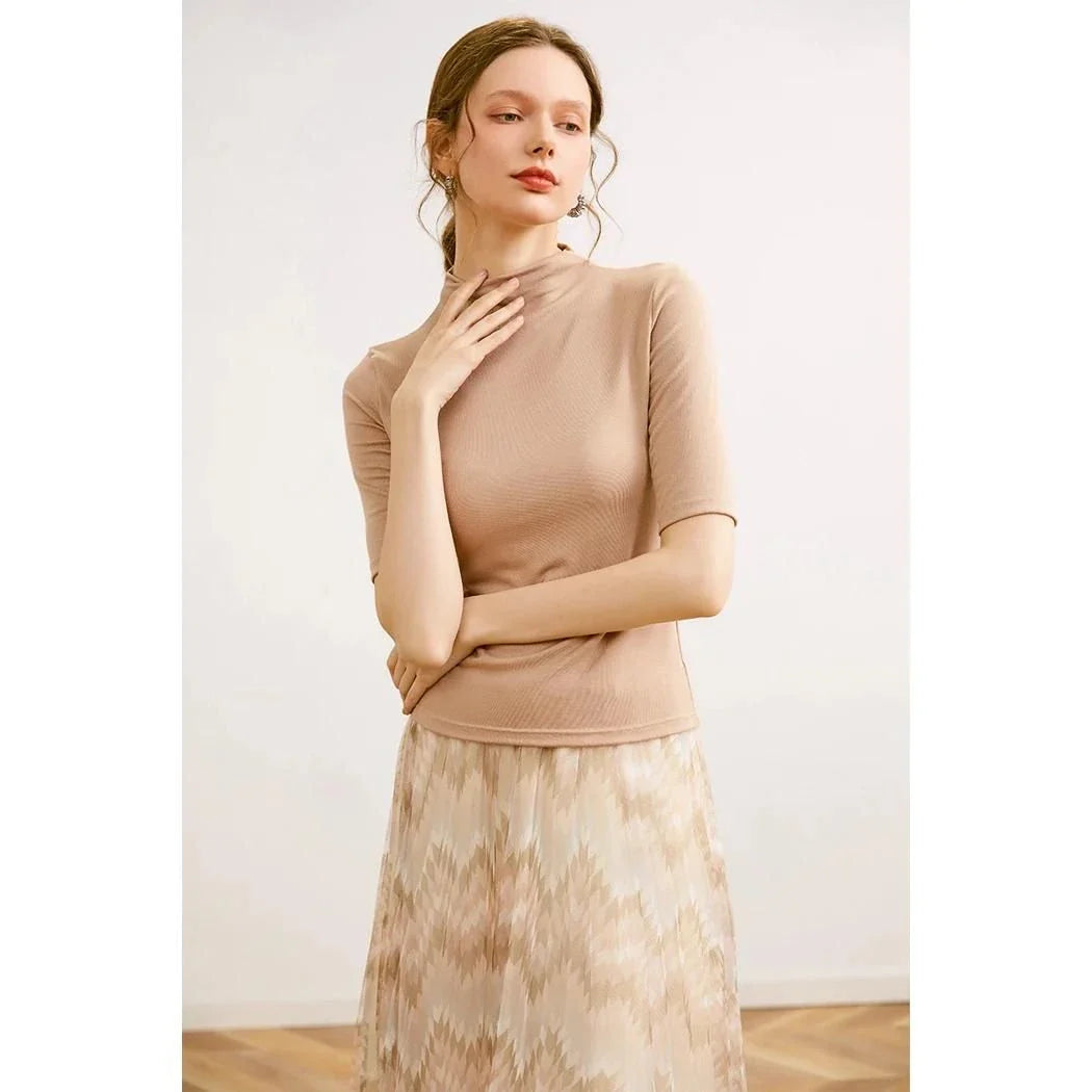 Women's Mock Neck Wool Blend T-Shirt in Pink - Elegant and Comfortable British-Inspired Design